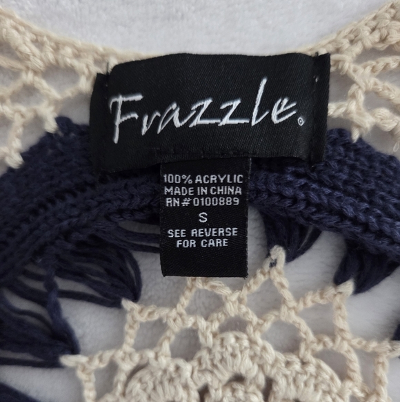 Frazzle Boho Crochet Fringe Vest Open Knit Navy Cream Purple Festival Sz S - Picture 3 of 8